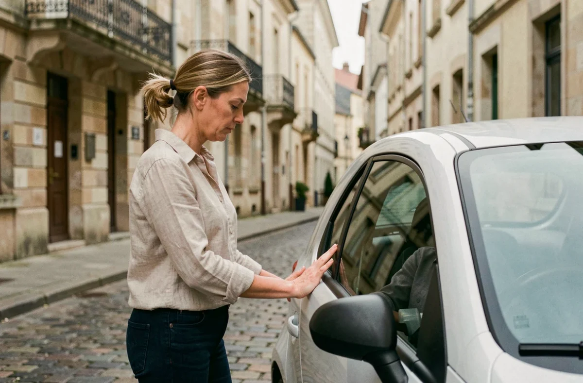 Femme inspectant une voiture sans permis d'occasion dans une rue de Limoges