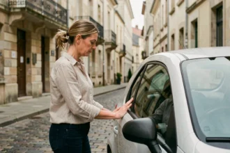 Femme inspectant une voiture sans permis d'occasion dans une rue de Limoges