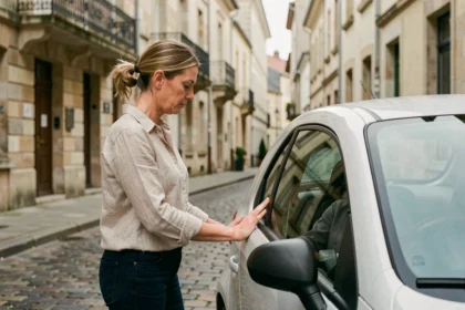 Femme inspectant une voiture sans permis d'occasion dans une rue de Limoges