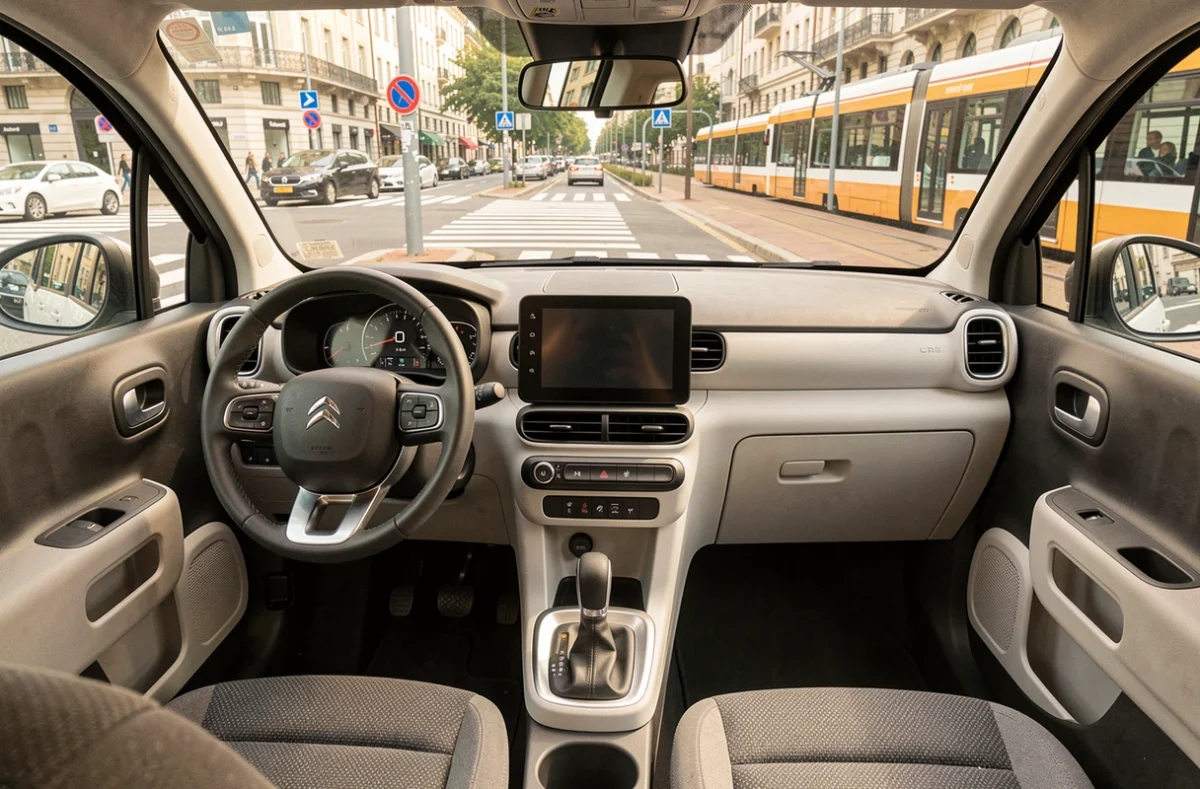 Intérieur de la nouvelle Citroën C3 avec vue sur tableau de bord et intersection urbaine à travers le pare-brise