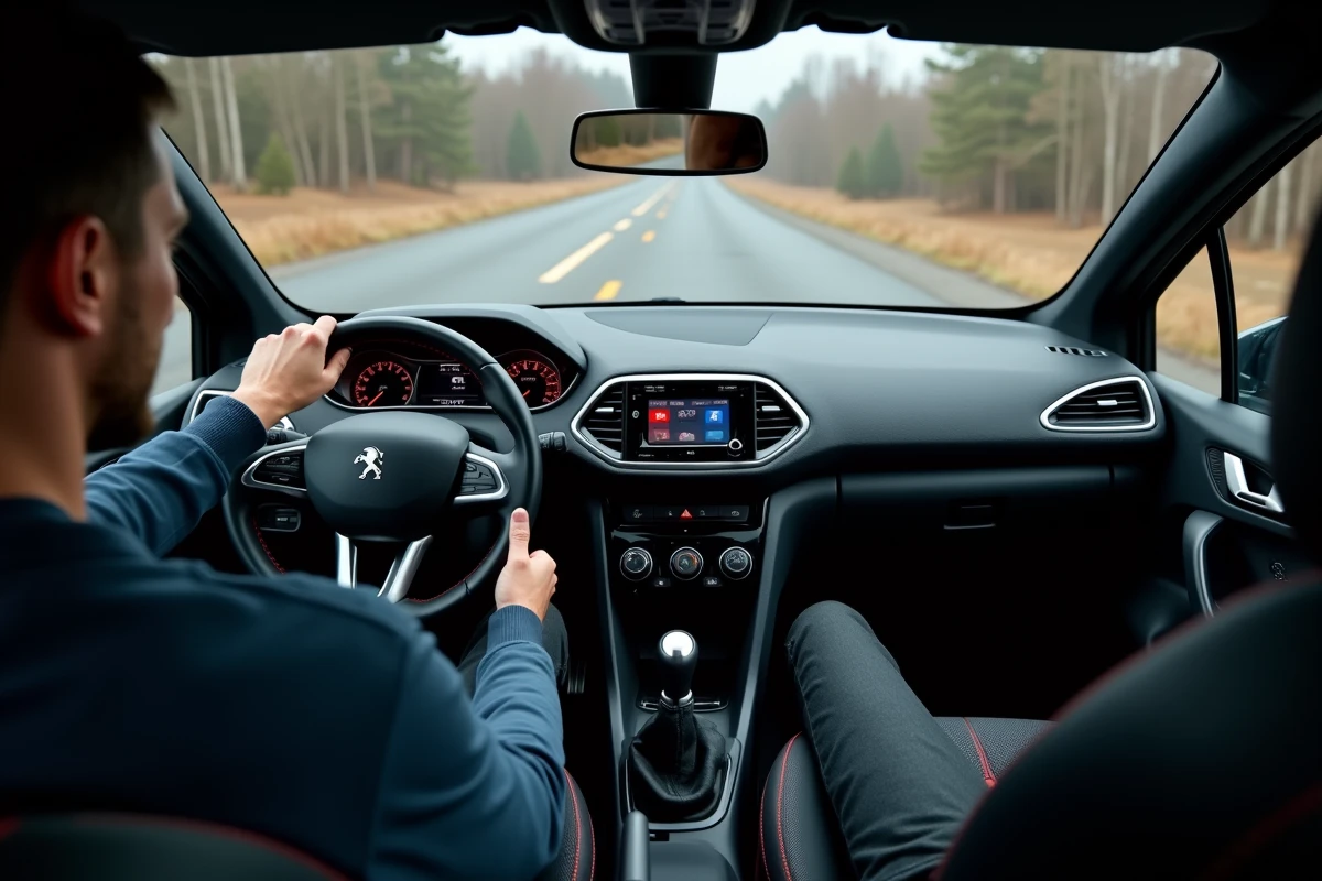 Intérieur sportif de la Peugeot 208 GTI avec volant à méplat, tableau de bord numérique et pommeau de levier de vitesse à course courte, conducteur au volant