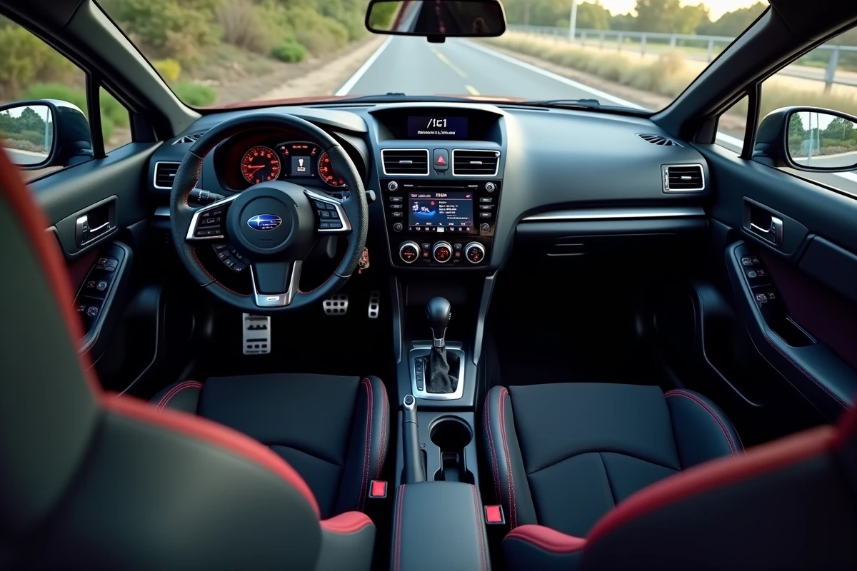 Intérieur de la Subaru WRX STI avec le pack PRODRIVE, sièges baquet, volant alcantara et badge PRODRIVE visible sur la console centrale
