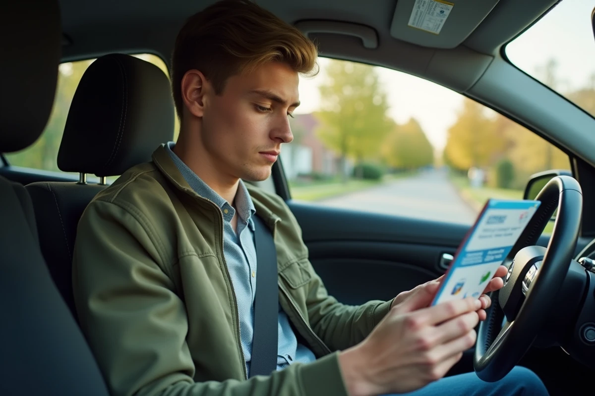Jeune conducteur lisant une brochure de securite routiere