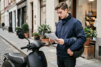 Jeune conducteur de scooter 125cc consulte son contrat d'assurance sur le trottoir en ville