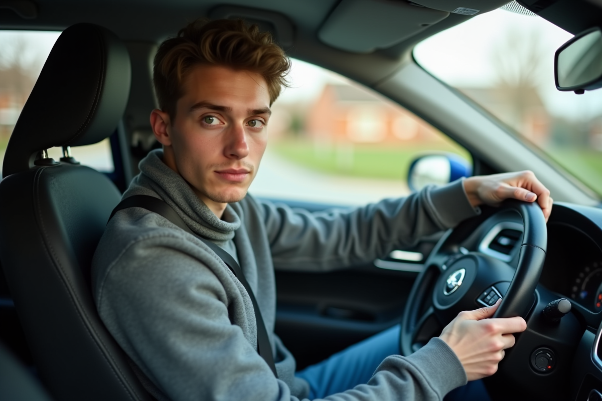 Jeune homme attachant sa ceinture dans une voiture moderne