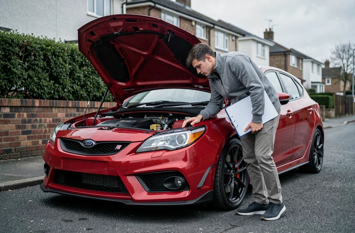 Jeune homme examinant le moteur d'une voiture puissante rouge dans une allée résidentielle avec des documents d'assurance