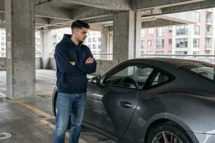 Jeune conducteur debout à côté d'une voiture de sport grise dans un parking urbain, réfléchissant au coût de l'assurance auto