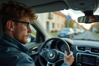 Jeune homme au volant d'une voiture compacte en banlieue française