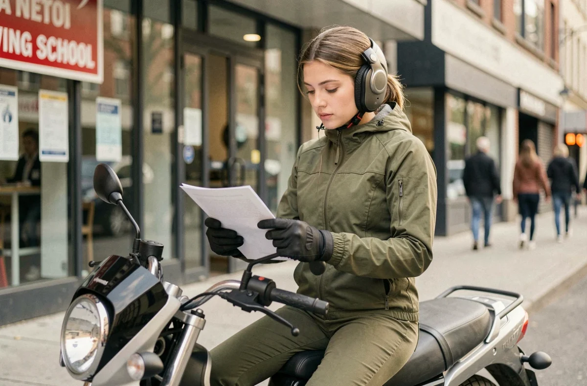 Jeune conductrice sur une moto trois roues consultant un document de permis devant une auto-école en ville