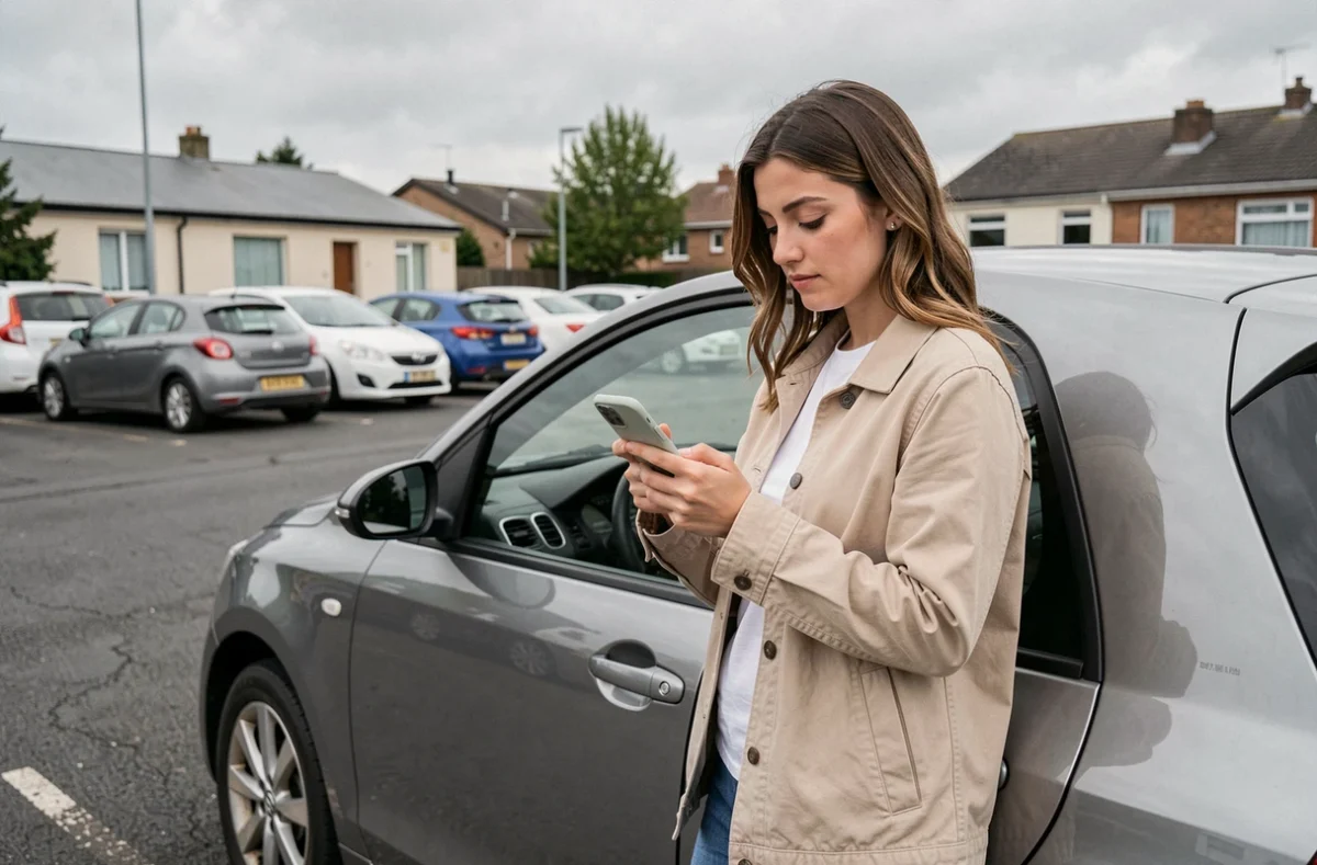 Jeune femme consultant une simulation d'assurance auto sur smartphone devant sa voiture