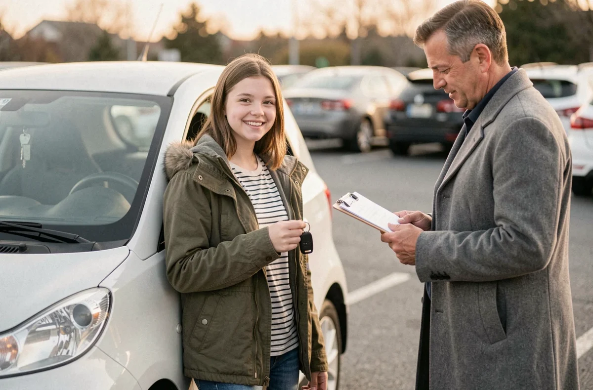 Adolescente de 14 ans avec ses clés de voiture sans permis accompagnée de son parent dans un parking