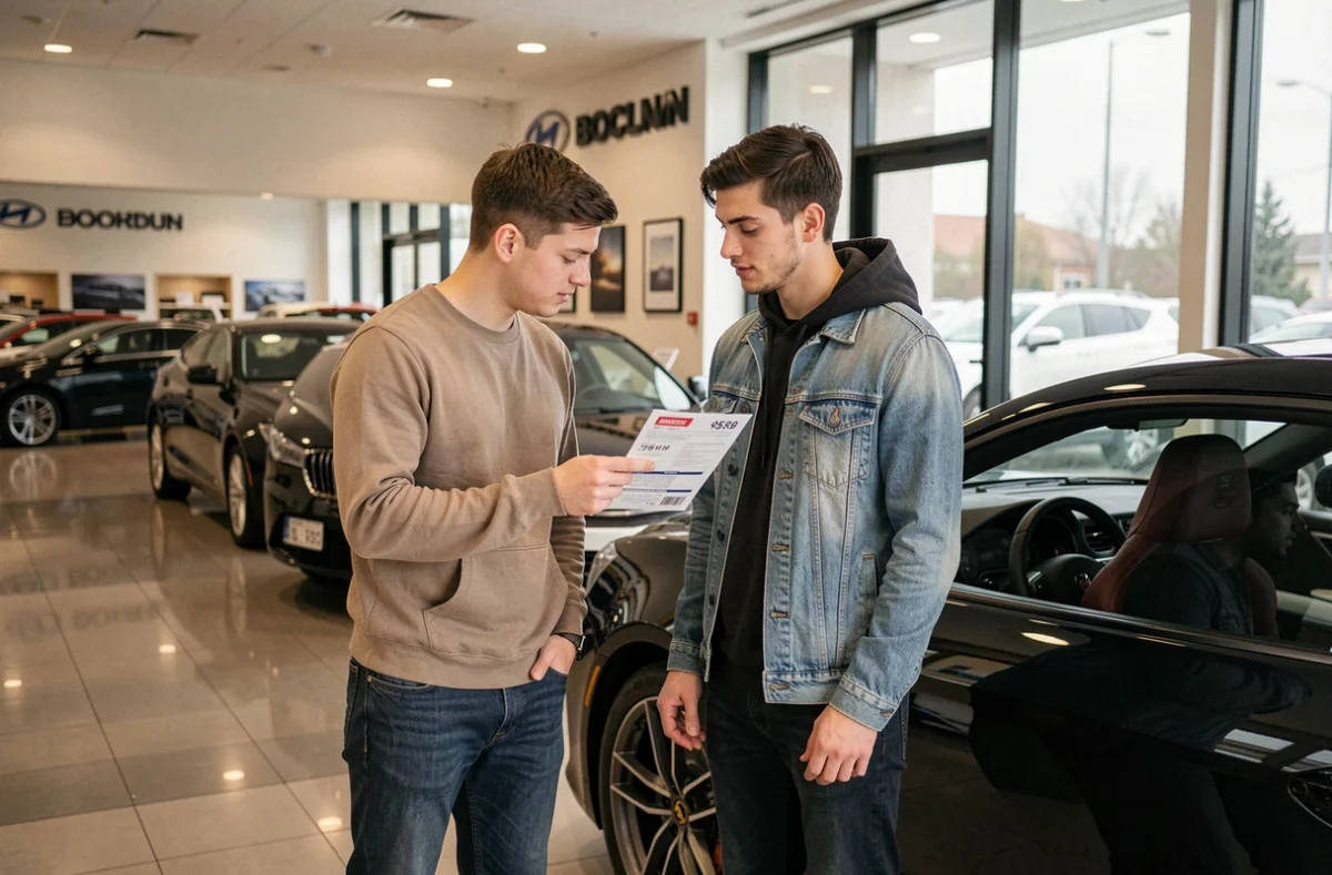 Jeune couple en concession automobile discutant du coût de l'assurance pour une voiture puissante