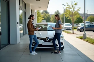 Jeune couple discutant avec un vendeur devant une voiture citadine