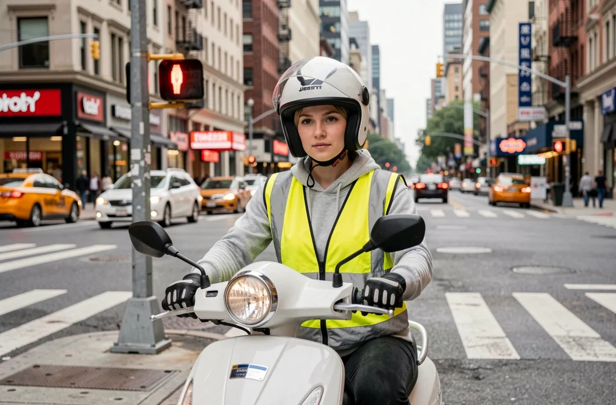 Jeune femme conductrice de scooter urbain à un feu rouge portant un gilet haute visibilité