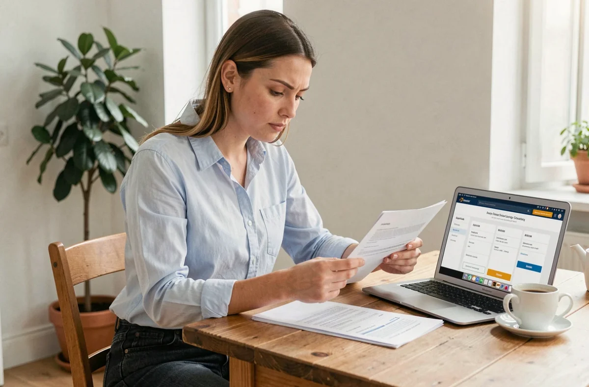 Jeune femme consultant des documents d'assurance auto à une table en bois dans un appartement moderne