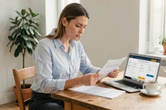 Jeune femme consultant des documents d'assurance auto à une table en bois dans un appartement moderne