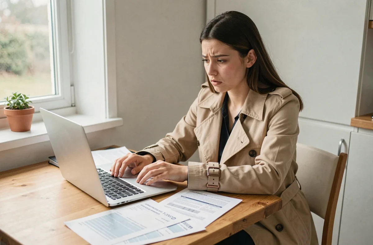 Jeune femme consultant des devis d'assurance auto sur son ordinateur portable à son domicile