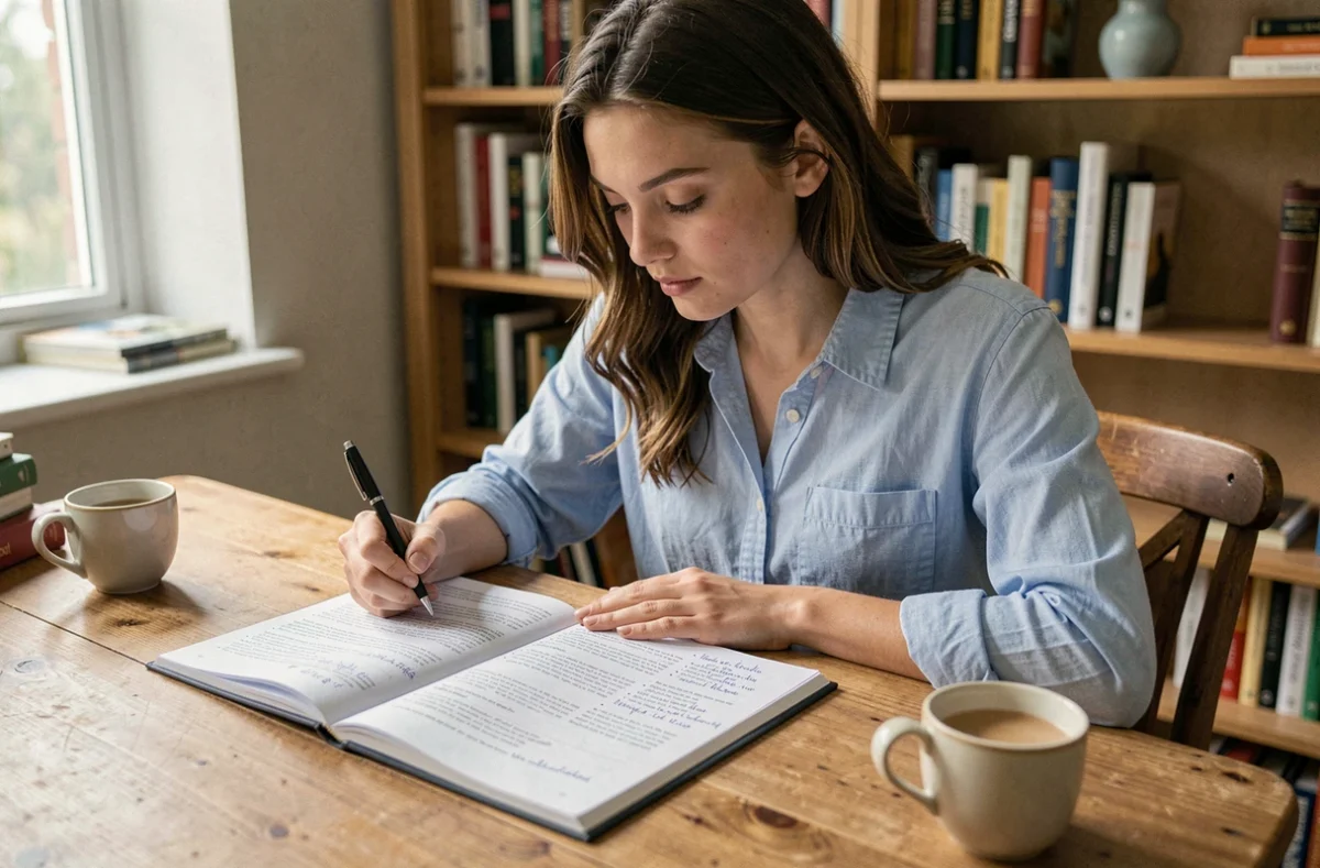 Jeune femme étudiant les questions du code de la route avec un livret imprimé et des notes manuscrites à son bureau