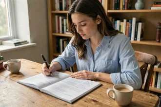Jeune femme étudiant les questions du code de la route avec un livret imprimé et des notes manuscrites à son bureau