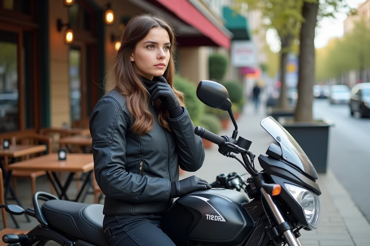 Jeune femme assise sur sa Yamaha 125 TZR en ville