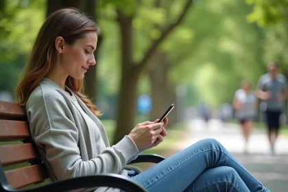 Jeune femme lisant un PDF de test de conduite dans un parc