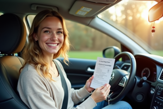 Jeune femme souriante avec permis de conduire et clés dans la voiture