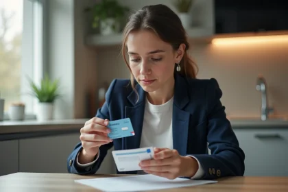 Jeune femme examine son permis de conduire fran&ccedil;ais avec concentration