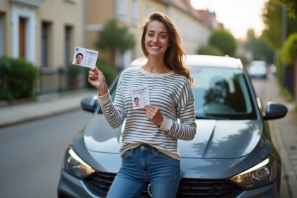 Jeune femme souriante avec permis de conduire et voiture compacte