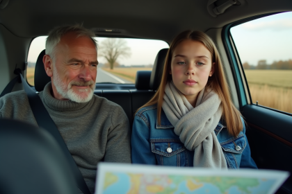 Jeune fille en jean et foulard dans une voiture campagne