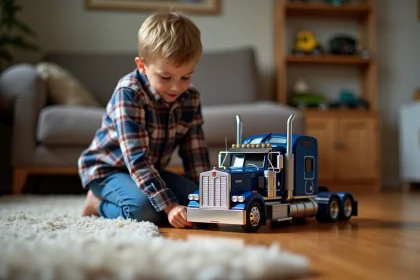 Jeune gar&ccedil;on avec mod&egrave;le de camion dans un salon chaleureux