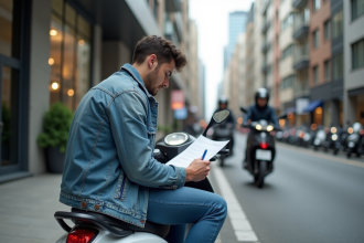 Jeune homme vérifiant documents d'assurance moto en ville