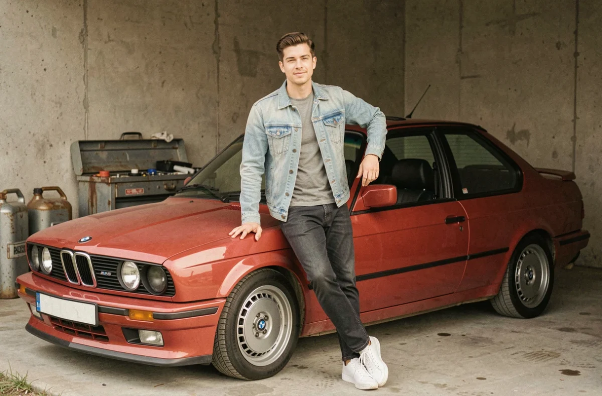 Jeune homme des années 90 appuyé fièrement contre une BMW E30 rouge dans un garage, ambiance authentique première voiture de sport