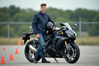 Jeune homme avec casque et moto devant une moto école