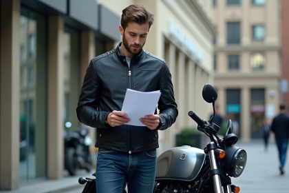 Jeune homme confiant avec moto et papiers officiels