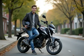 Jeune homme souriant avec sa moto Yamaha 125 TZR