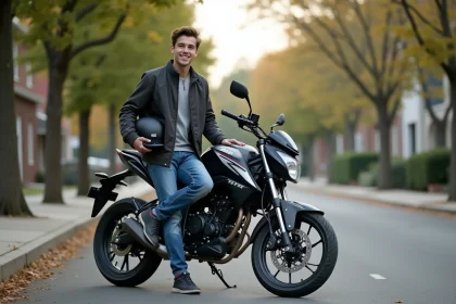 Jeune homme souriant avec sa moto Yamaha 125 TZR