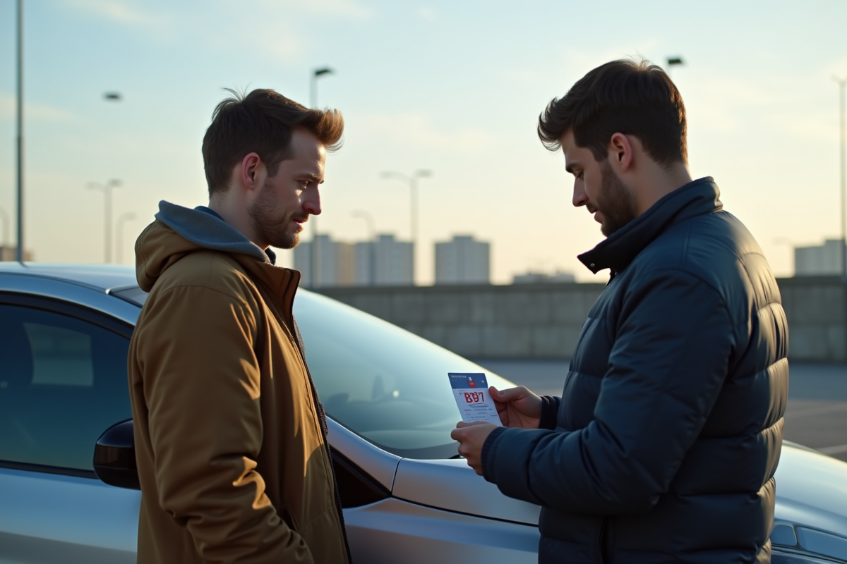 Jeune homme et examinateur avec permis dans un parking