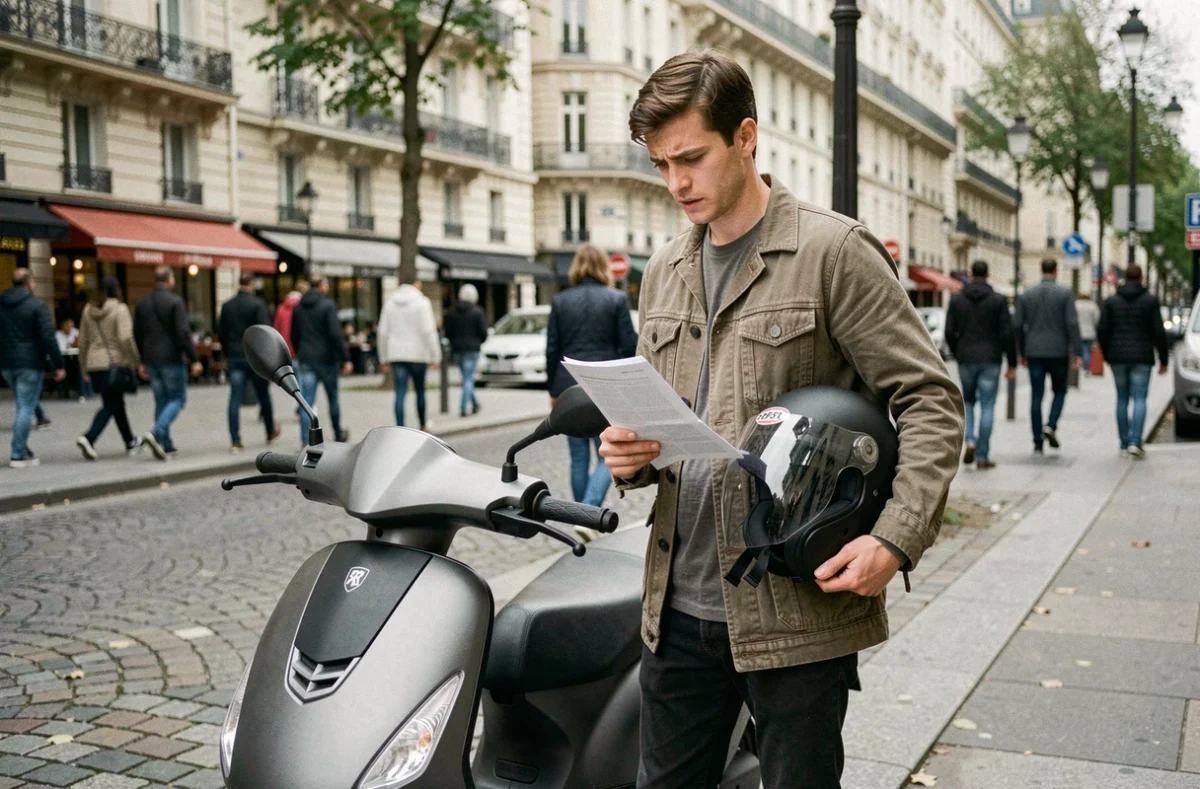 Jeune homme inquiet lisant un document à côté de son scooter 50cc stationné en ville, illustrant les risques liés au défaut d'assurance