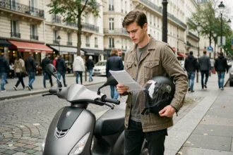 Jeune homme inquiet lisant un document à côté de son scooter 50cc stationné en ville, illustrant les risques liés au défaut d'assurance