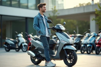 Jeune homme avec scooter neuf en concession
