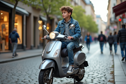 Jeune homme en denim sur scooter en ville