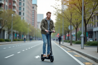 Jeune homme en scooter électrique dans la ville au printemps