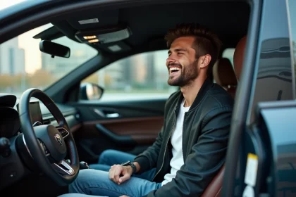 Jeune homme souriant dans une voiture moderne en ville