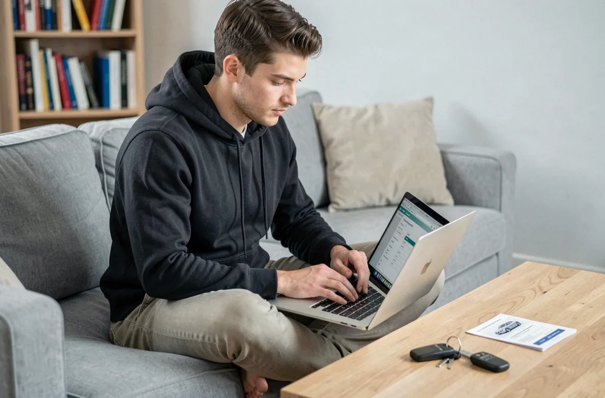 Jeune homme souscrivant une assurance auto en ligne sur son ordinateur portable depuis son salon