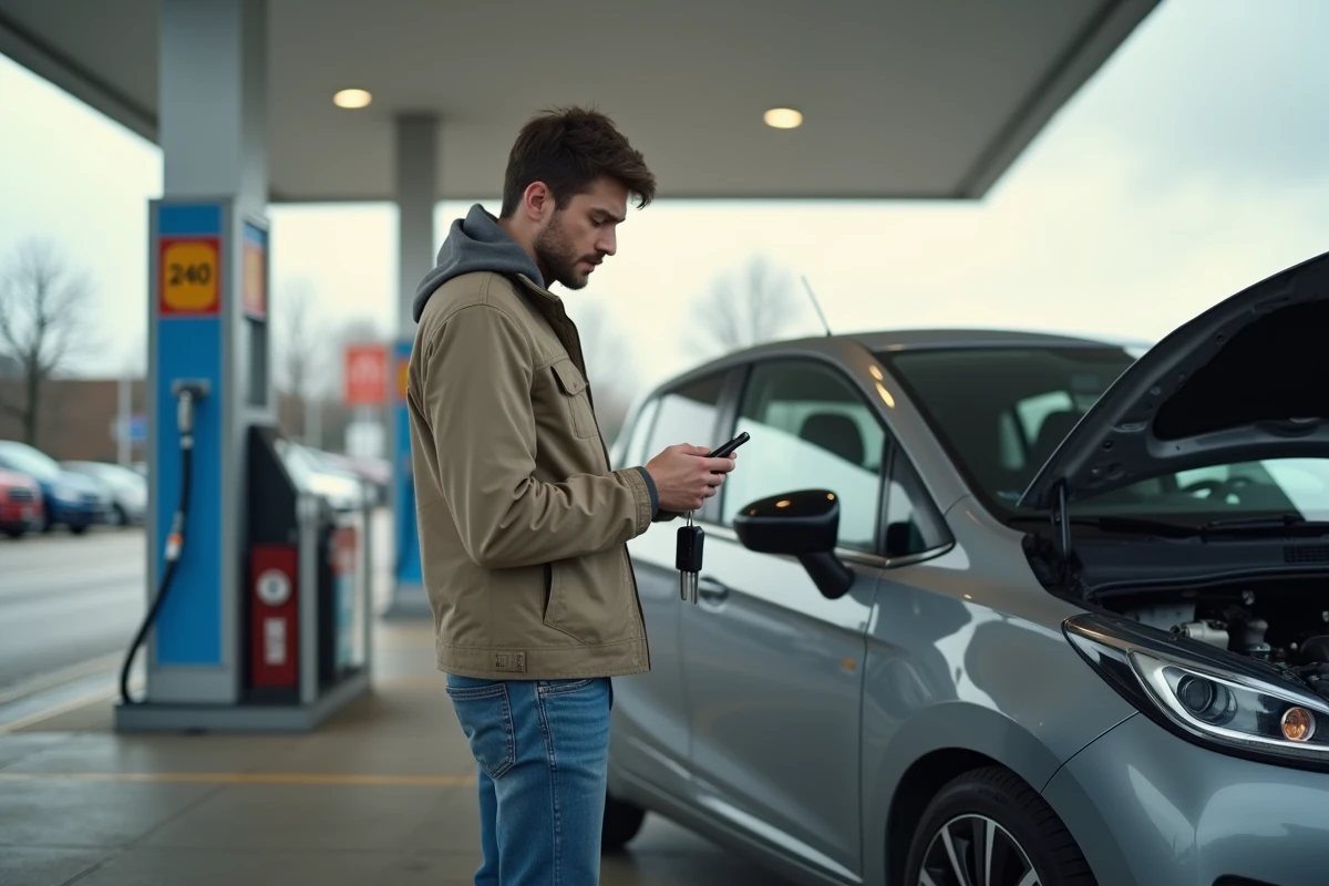 Jeune homme pensif près d'une voiture au station essence