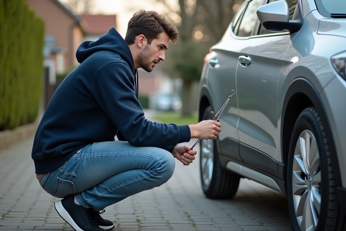 Jeune homme inquiet avec un fil de fer près d'une voiture moderne