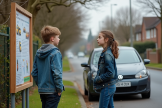 Jeune garçon et fille regardant une affiche de sécurité routière