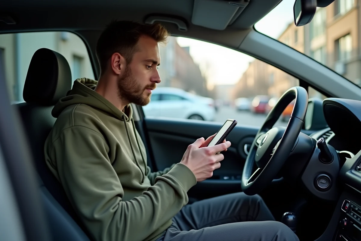 Homme lisant les codes défaut injection de sa Clio 5 sur une application smartphone depuis l'habitacle