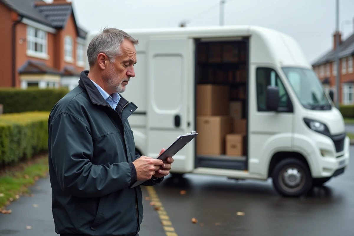 Livreur en uniforme vérifiant un clipboard près d’un van blanc