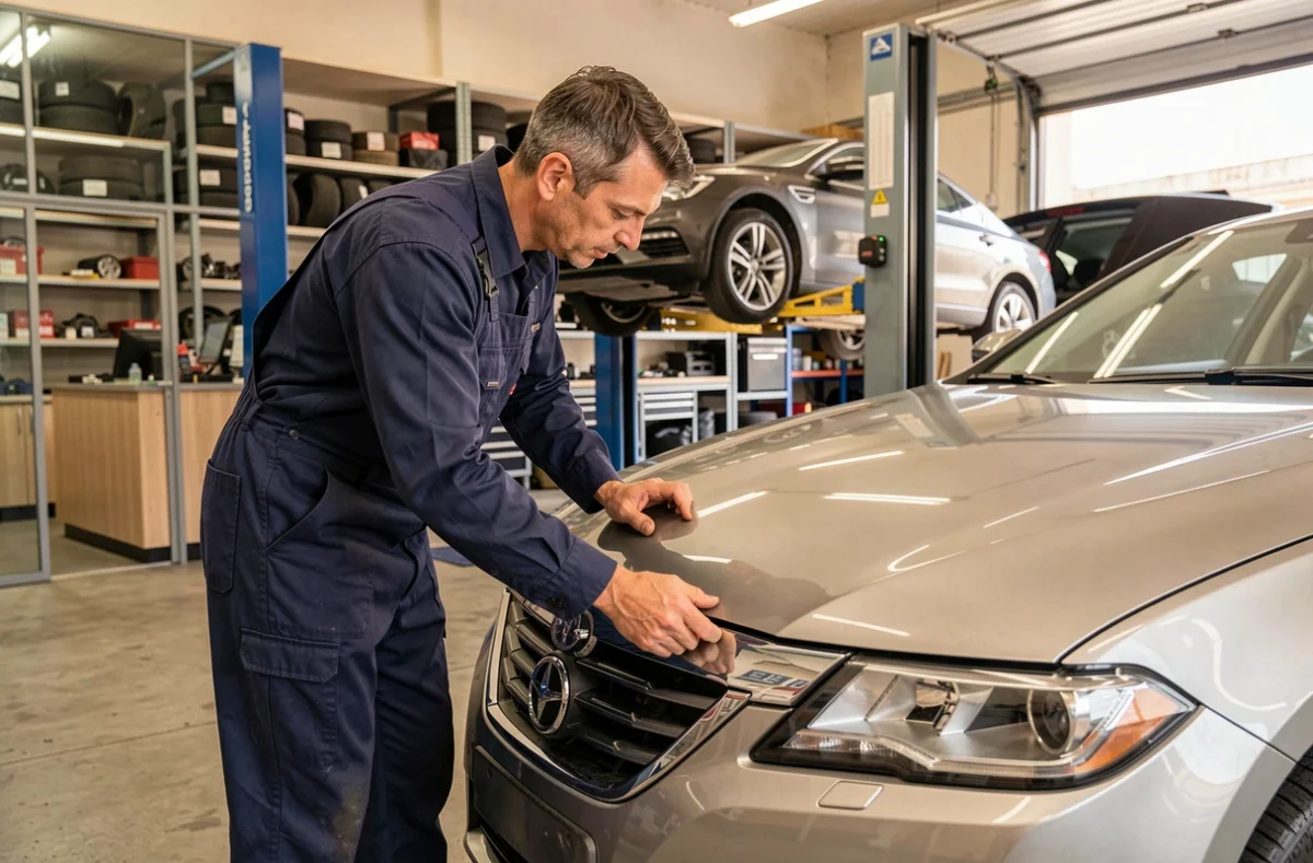 Mécanicien de LM Auto Saint Ange inspectant la carrosserie d'un véhicule dans l'atelier de l'avenue des Caillols à Marseille